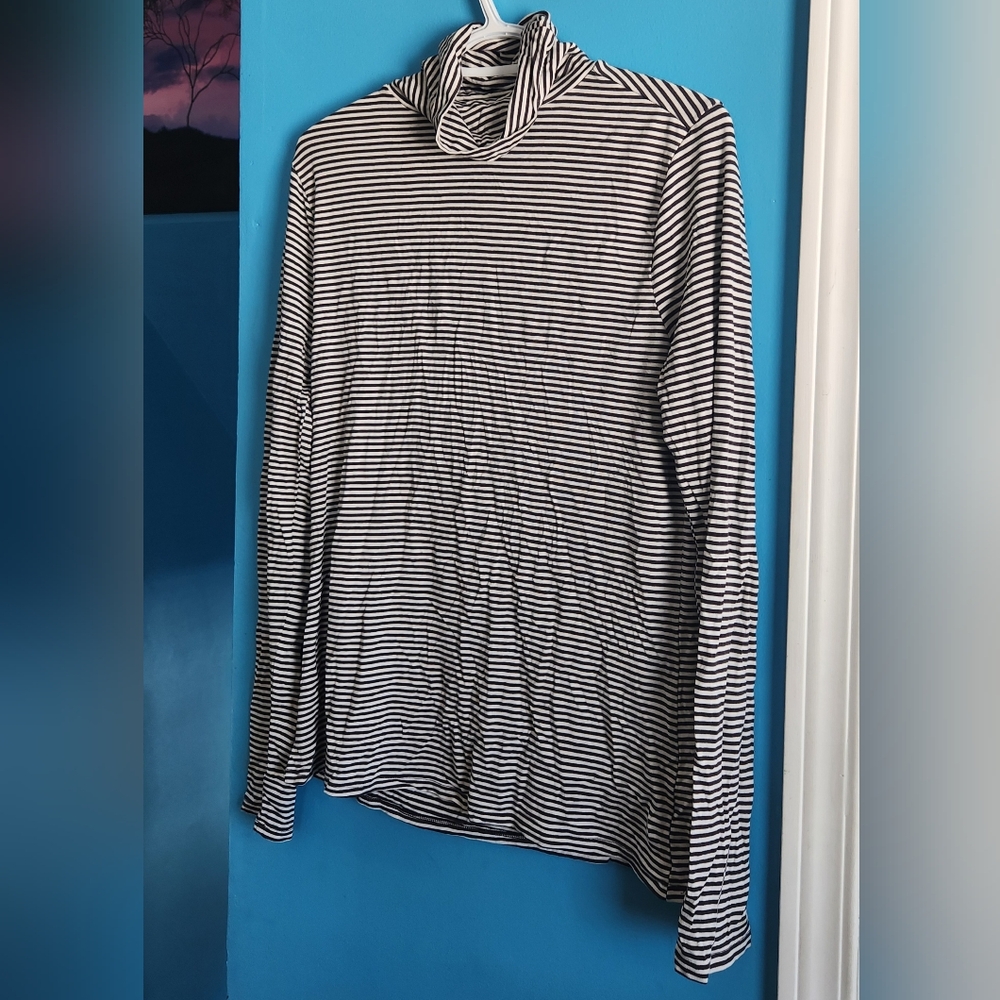 Black and White Striped Turtle Neck Long  Sleeve Top